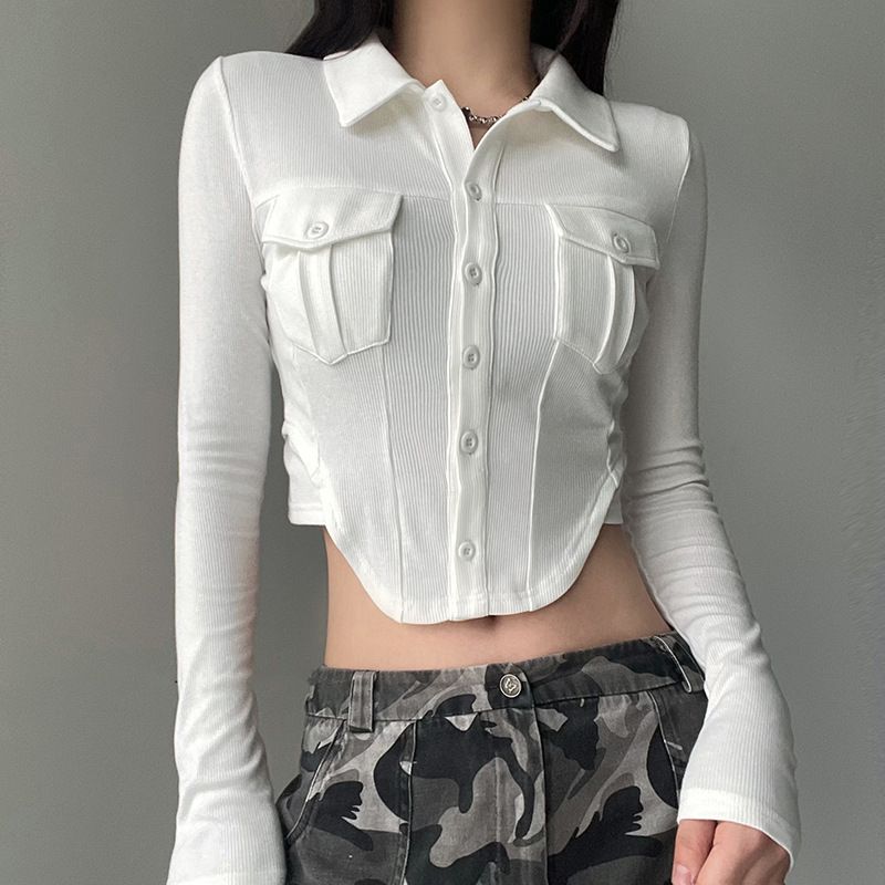 Áo Sơ Mi Croptop Trơn Tay Dài 7267