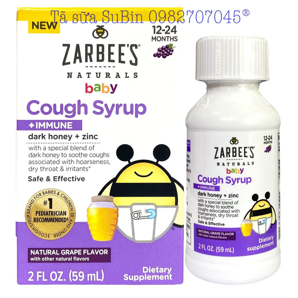Siro Ho Và Tăng Đề Kháng Zarbee Baby Cough Syrup + Immune Mỹ 59ml Vị Nho Cho bé 12-24 Tháng
