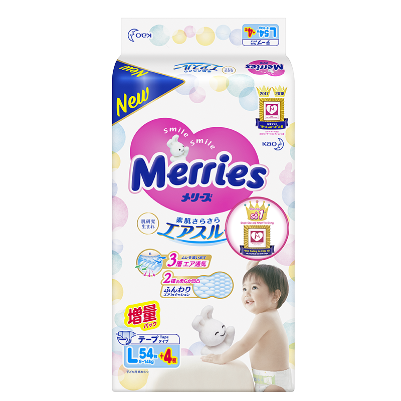 Tã Dán Merries Hàng Nội Địa Nhật Size L54 + 4 (9-14 ký)