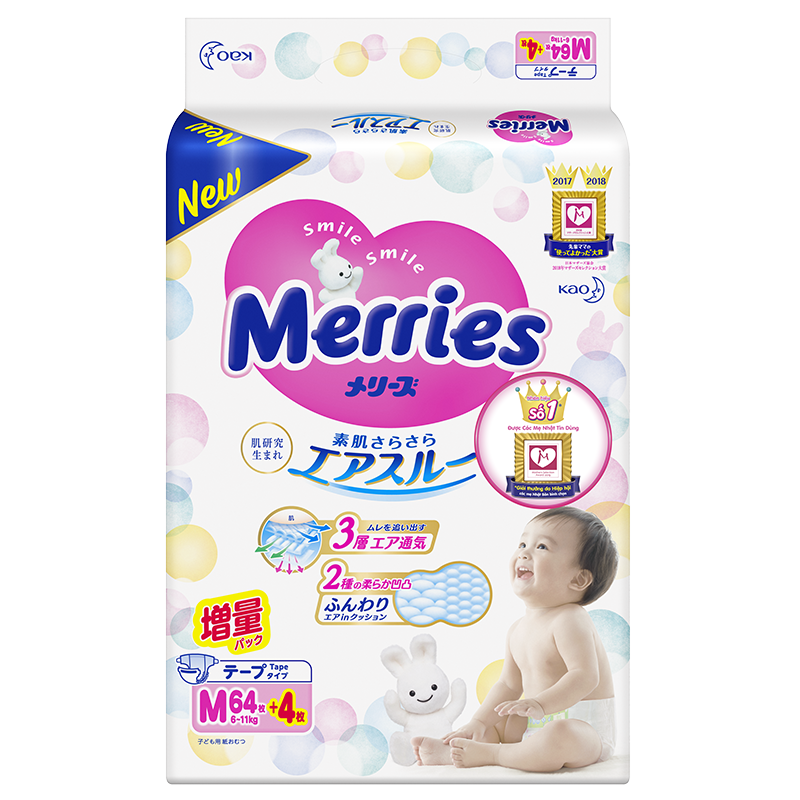 Tã Dán Merries Hàng Nội Địa Nhật Size M64 +4 (6-11 ký)