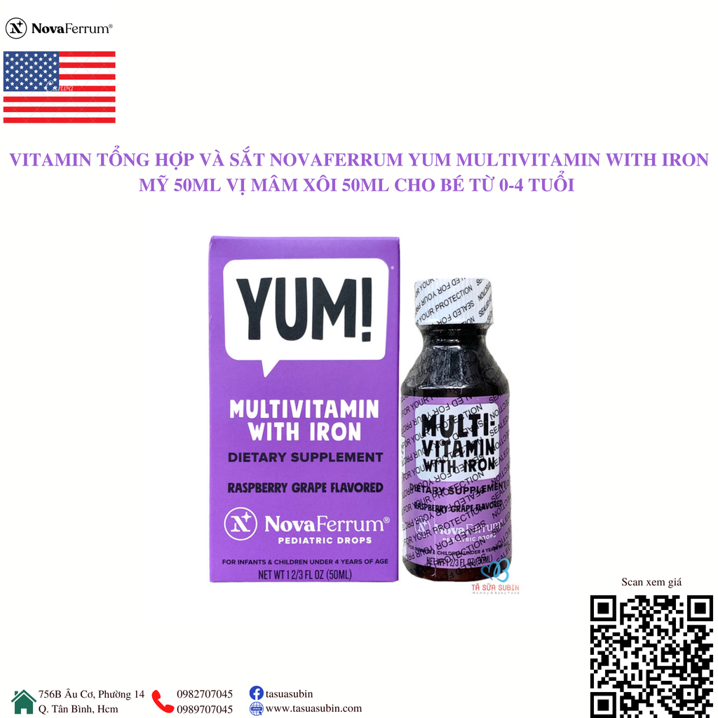 Vitamin Tổng Hợp Và Sắt NovaFerrum YUM Multivitamin With Iron Mỹ 50ml Vị Mâm Xôi Cho Bé Từ 0-4 Tuổi