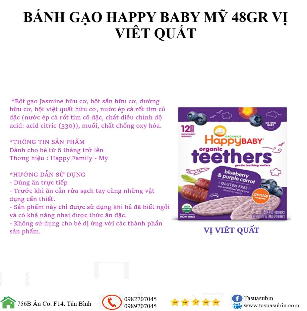 Bánh Gạo Happy Baby Organic Mỹ 48gr Vị Việt Quất và Cà Rốt Tím Cho Bé Từ 6 Tháng