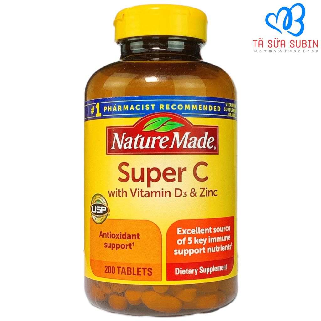 Viên Uống Super C with Vitamin D3 & Zinc Nature Made Mỹ 200 viên tăng cường hệ thống miễn dịch