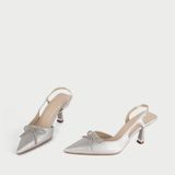  Giày Cao Gót Slingback Mũi Nhọn Đính Nơ MH11 Bạc Kim Tuyến 