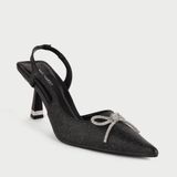  Giày Cao Gót Slingback Mũi Nhọn Đính Nơ MH11 Đen Kim Tuyến 