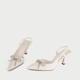  Giày Cao Gót Slingback Mũi Nhọn Đính Nơ MH11 Trắng Kim Tuyến 