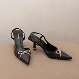  Giày Cao Gót Slingback Mũi Nhọn Đính Nơ MH11 Đen Kim Tuyến 