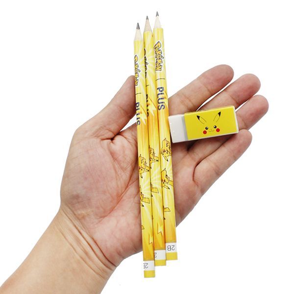  Bộ bút chì Pokemon Pikachu 3 cây Màu vàng kèm gôm tẩy 
