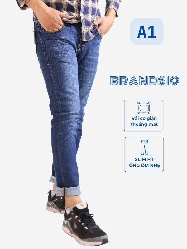  Quần Jean Nam Slim Fit Ống Côn, Ôm Nhẹ - Co Giãn, Màu Xanh Đậm Brandsio A1 