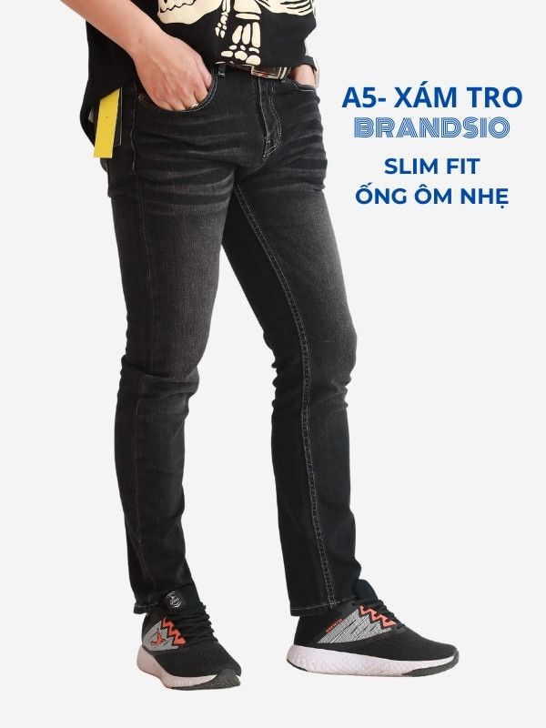  Quần Jean Nam Slim Fit Ống Côn Ôm Nhẹ, Co Giãn, Màu Xám Tro Brandsio A5 