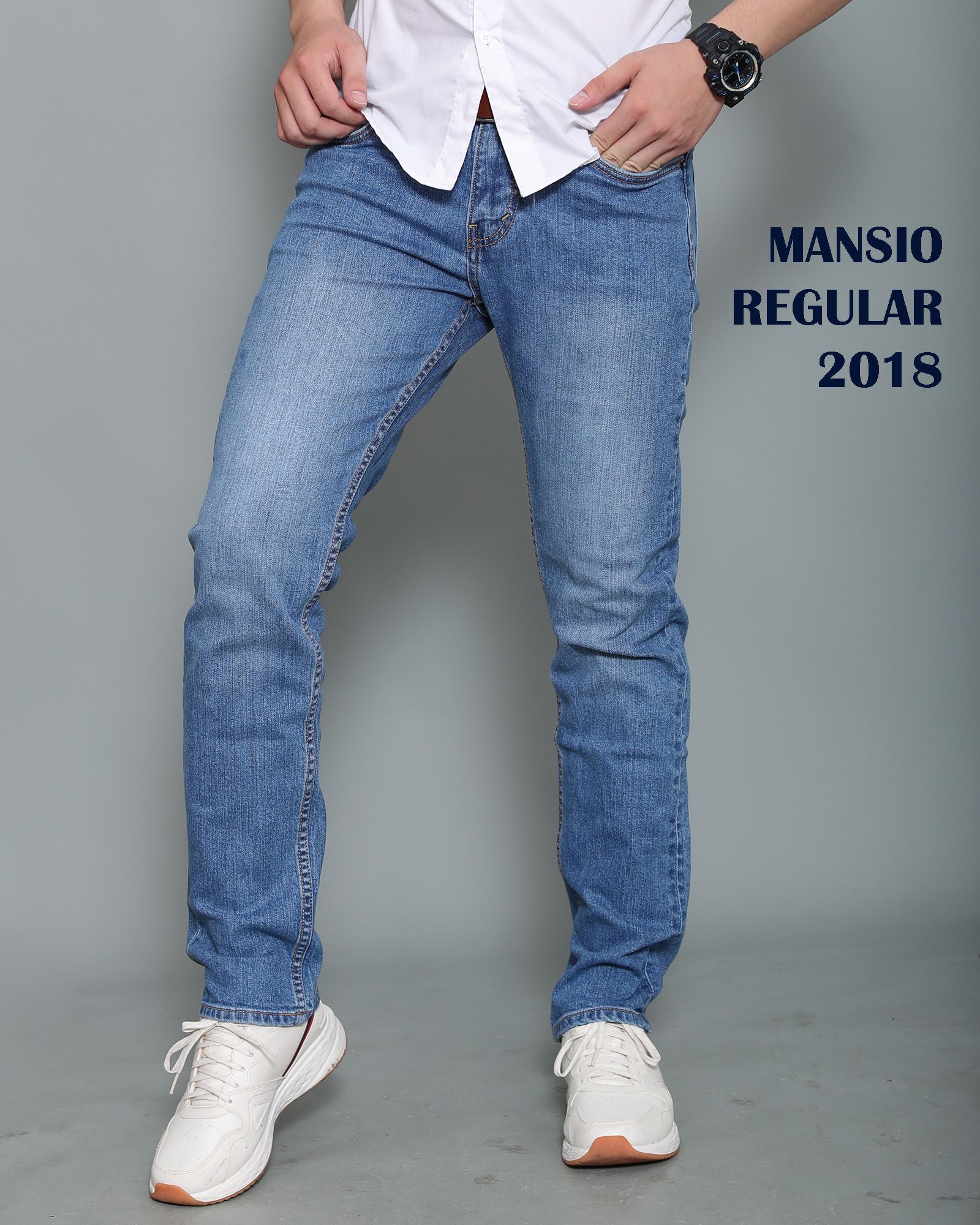 Quần jeans nam VNXK ống đứng co giản trắng xanh 2018