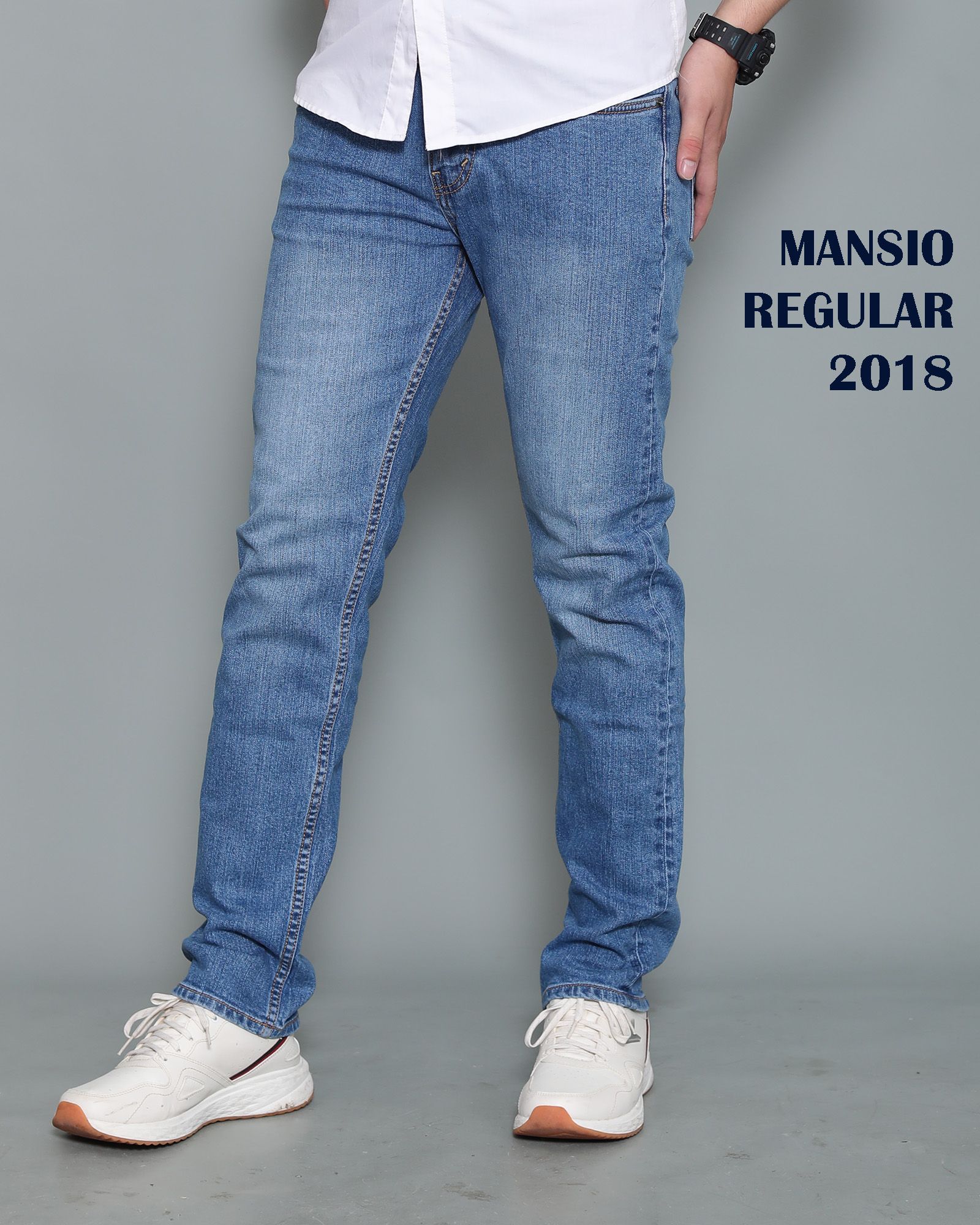 Quần jeans nam VNXK ống đứng co giản trắng xanh 2018