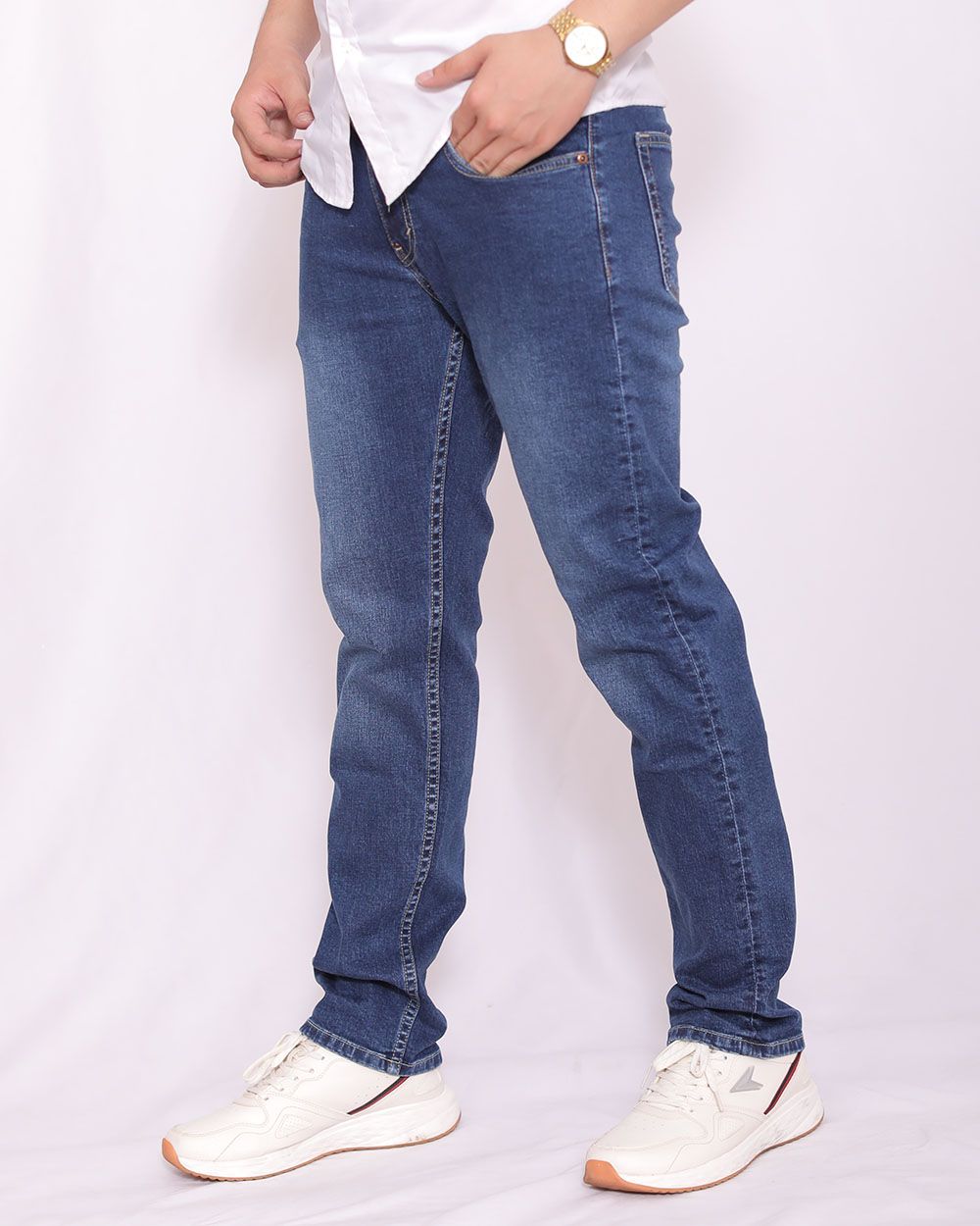 Quần jeans nam VNXK ống đứng co giản xanh 2025