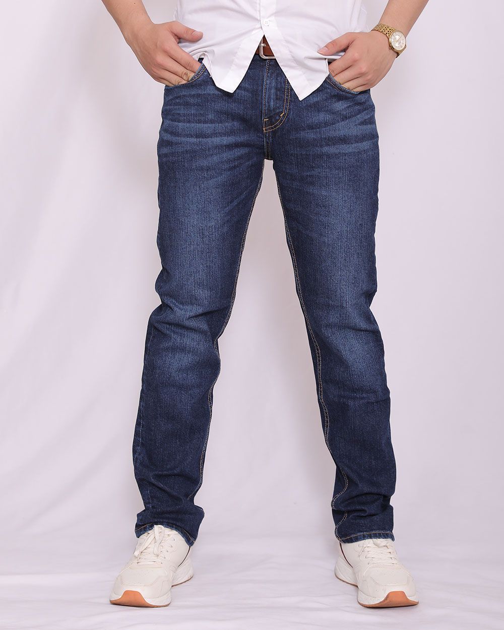 Quần jeans nam VNXK ống đứng co giản nhẹ xanh đậm 2022
