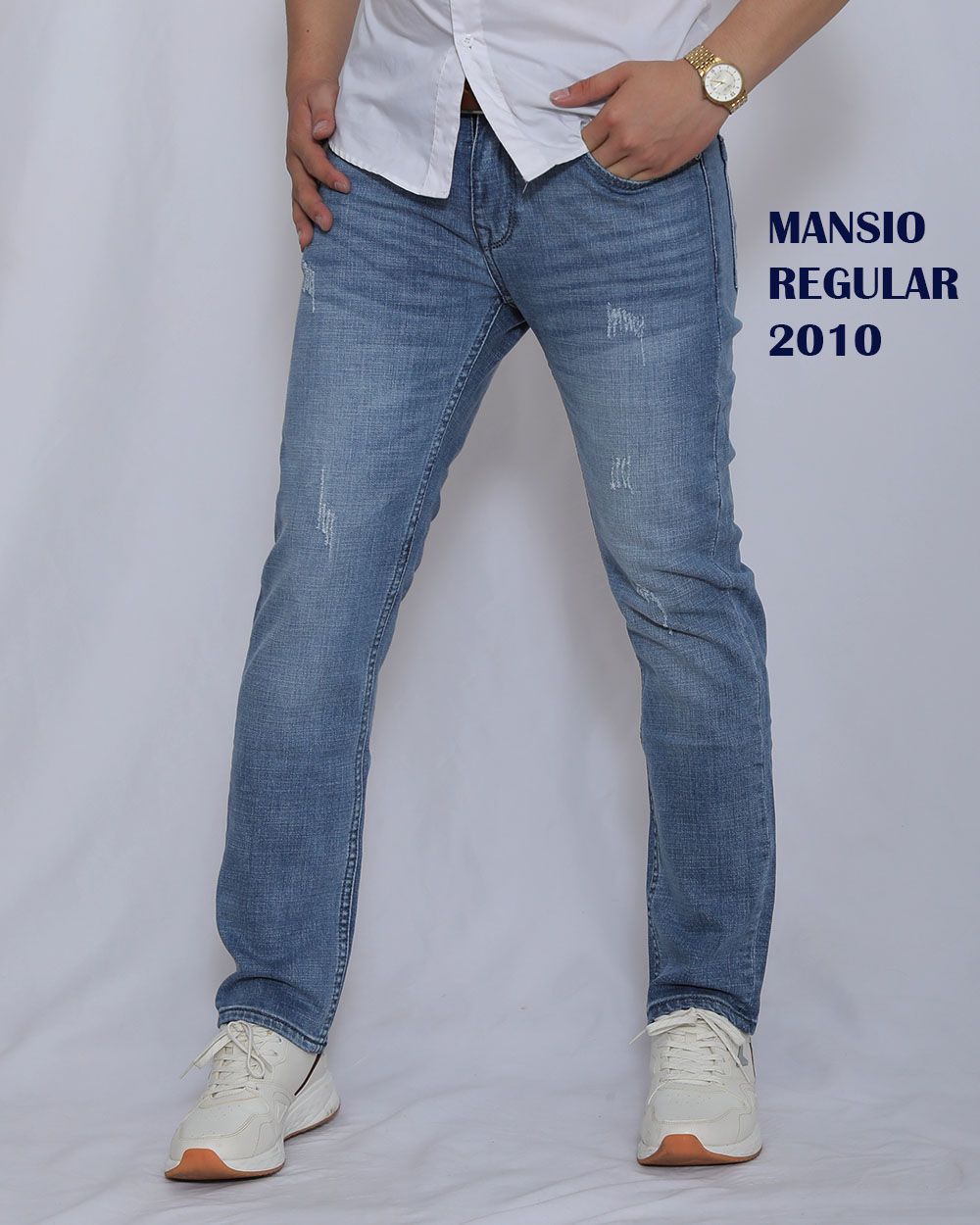 Quần jeans nam VNXK suông đứng co giản nhẹ xanh nhạt 2010