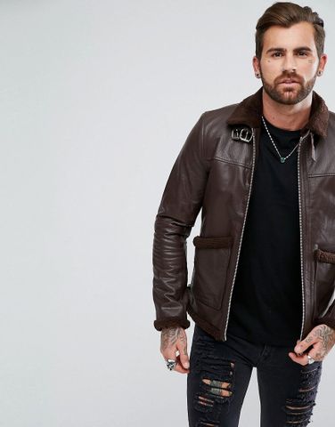 Áo khoác da nâu ASOS Borg Lined Leather Jacket