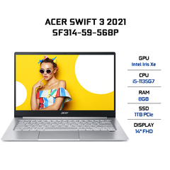 Laptop Acer Swift 3 SF314-59-568P (i5-1135G7 | 8GB | 1TB | Intel Iris Xe Graphics | 14' FHD | Win 10)