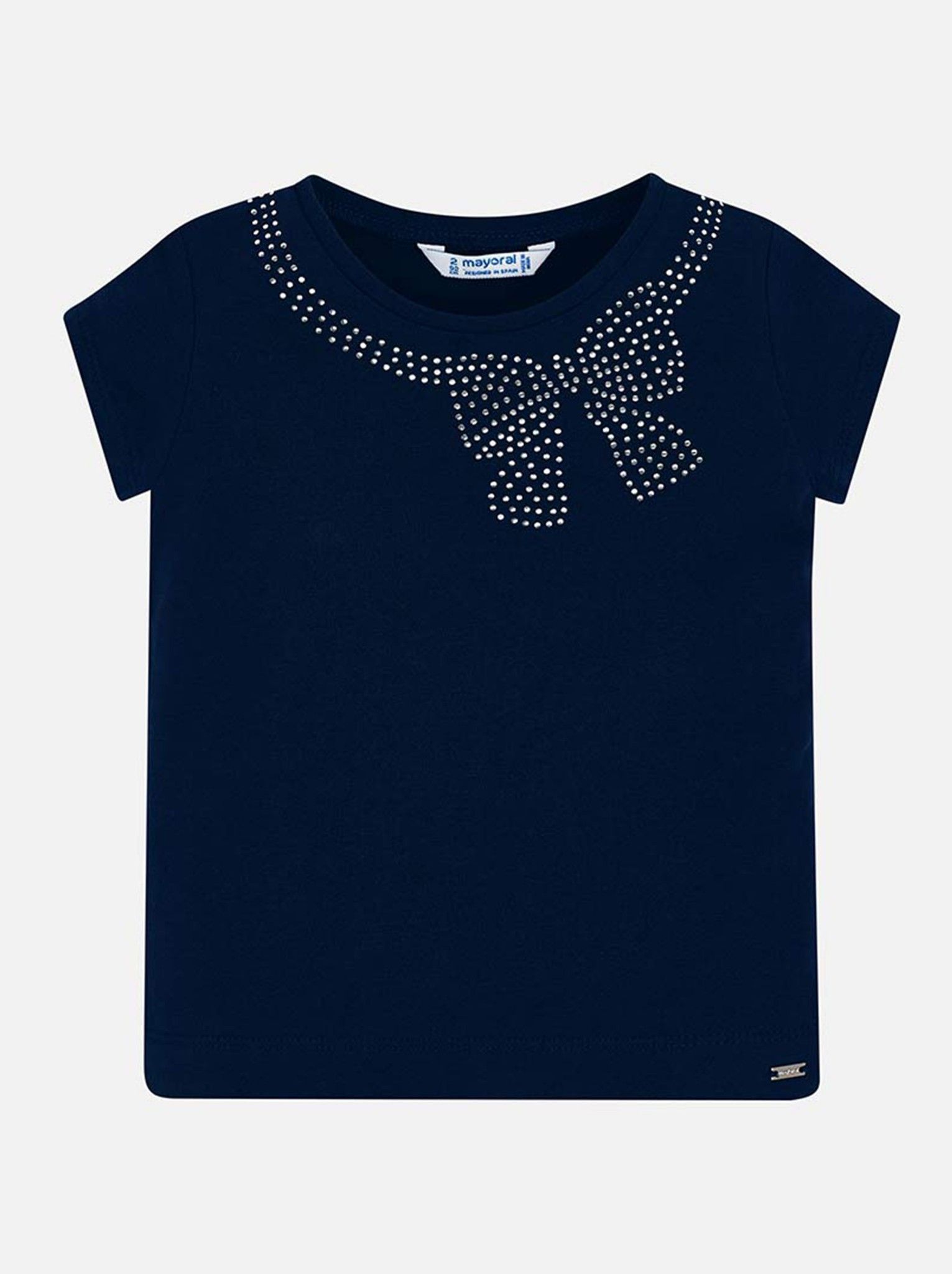 Áo phông bé gái navy nơ cổ đính hạt