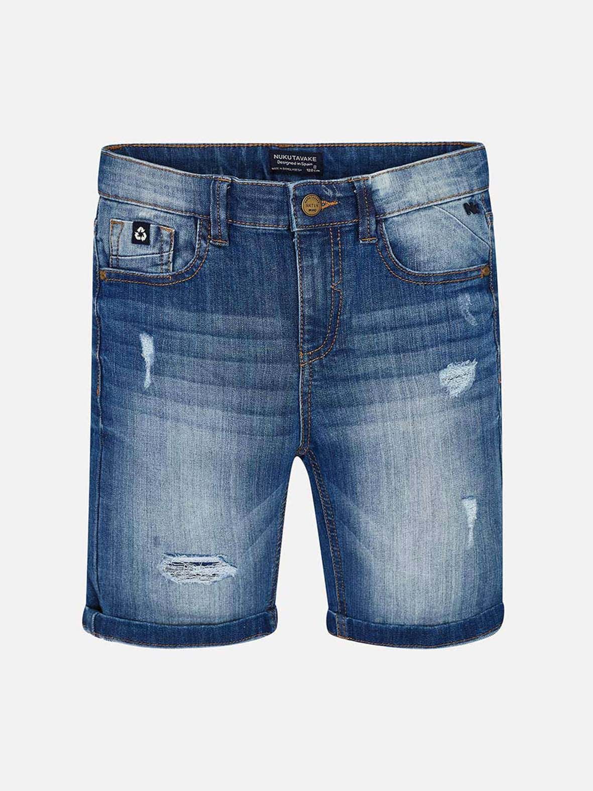 Quần short jean bé trai màu xanh mài rách gập gấu
