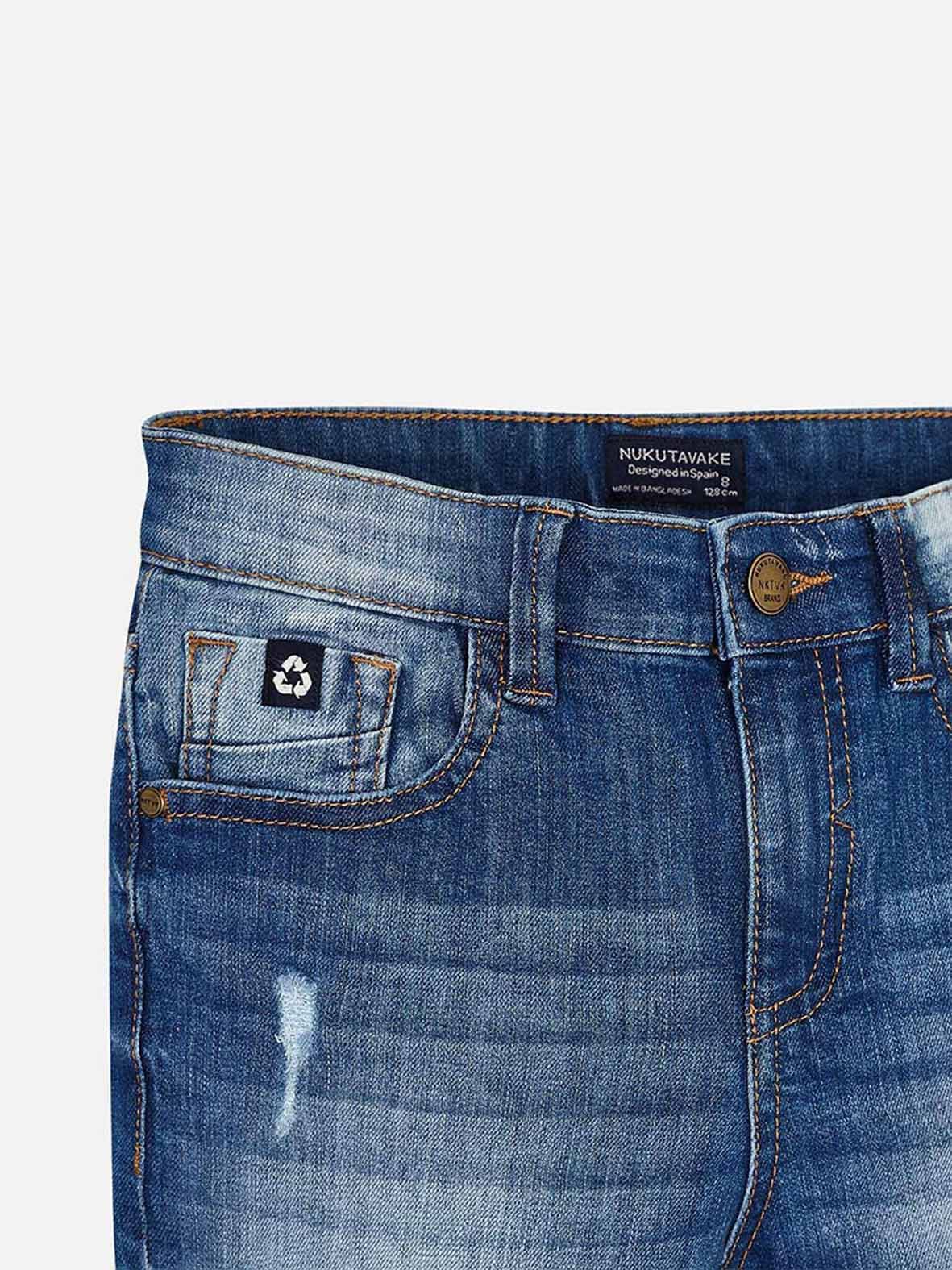 Quần short jean bé trai màu xanh mài rách gập gấu