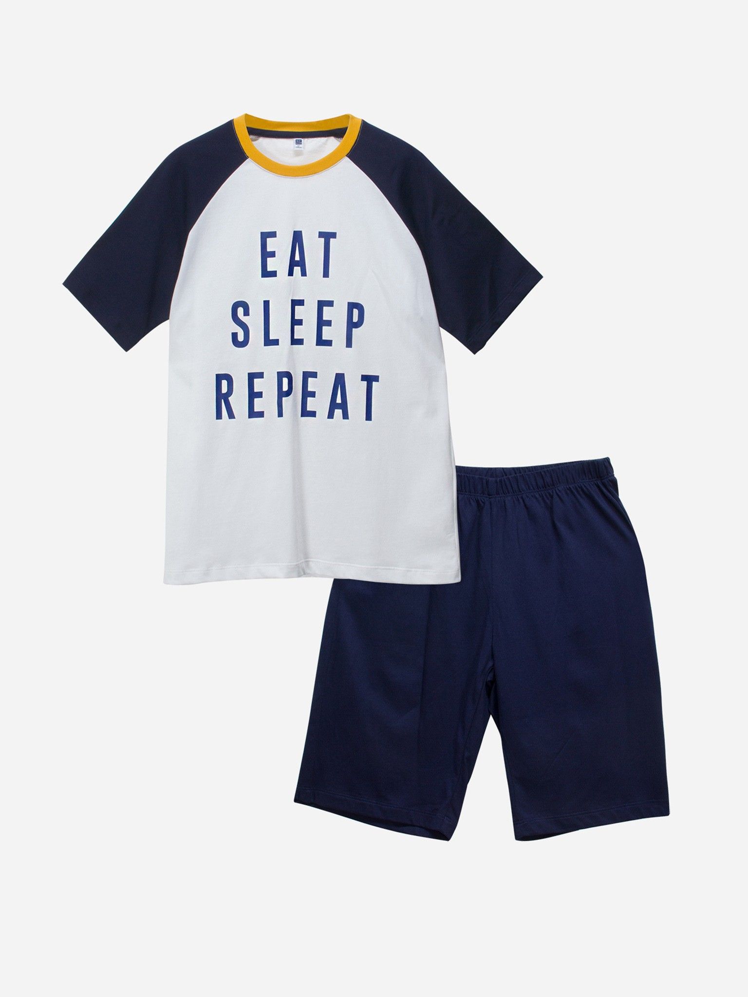 Đồ bộ mặc nhà bé trai áo trắng quần navy in chữ - Blue Seven