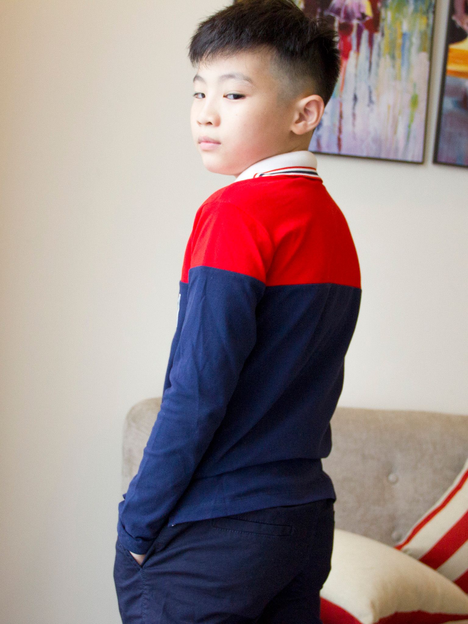 Áo polo dài tay bé trai navy phối đỏ - Blue Seven