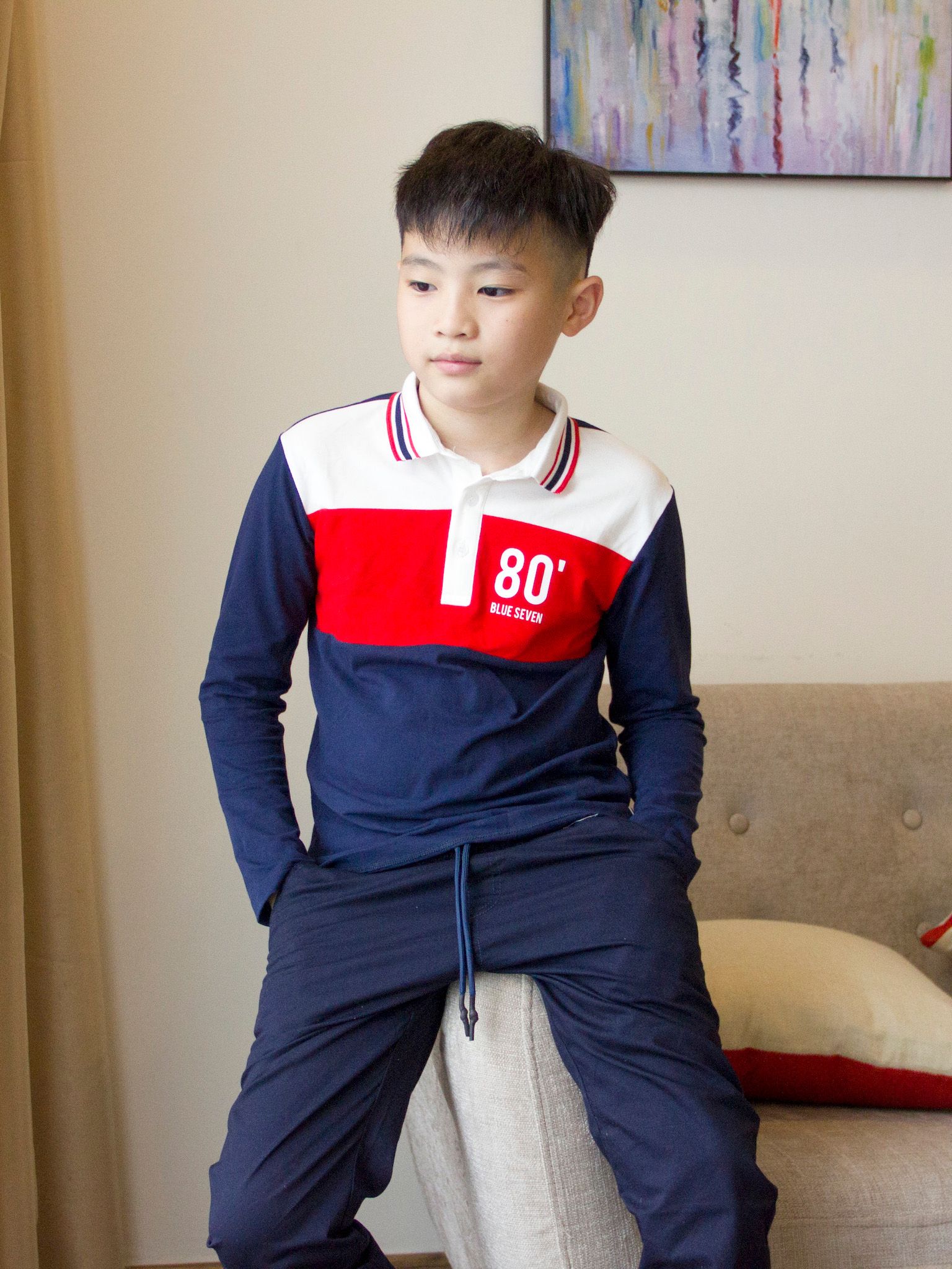 Áo polo dài tay bé trai ngực in số 80 - Blue Seven