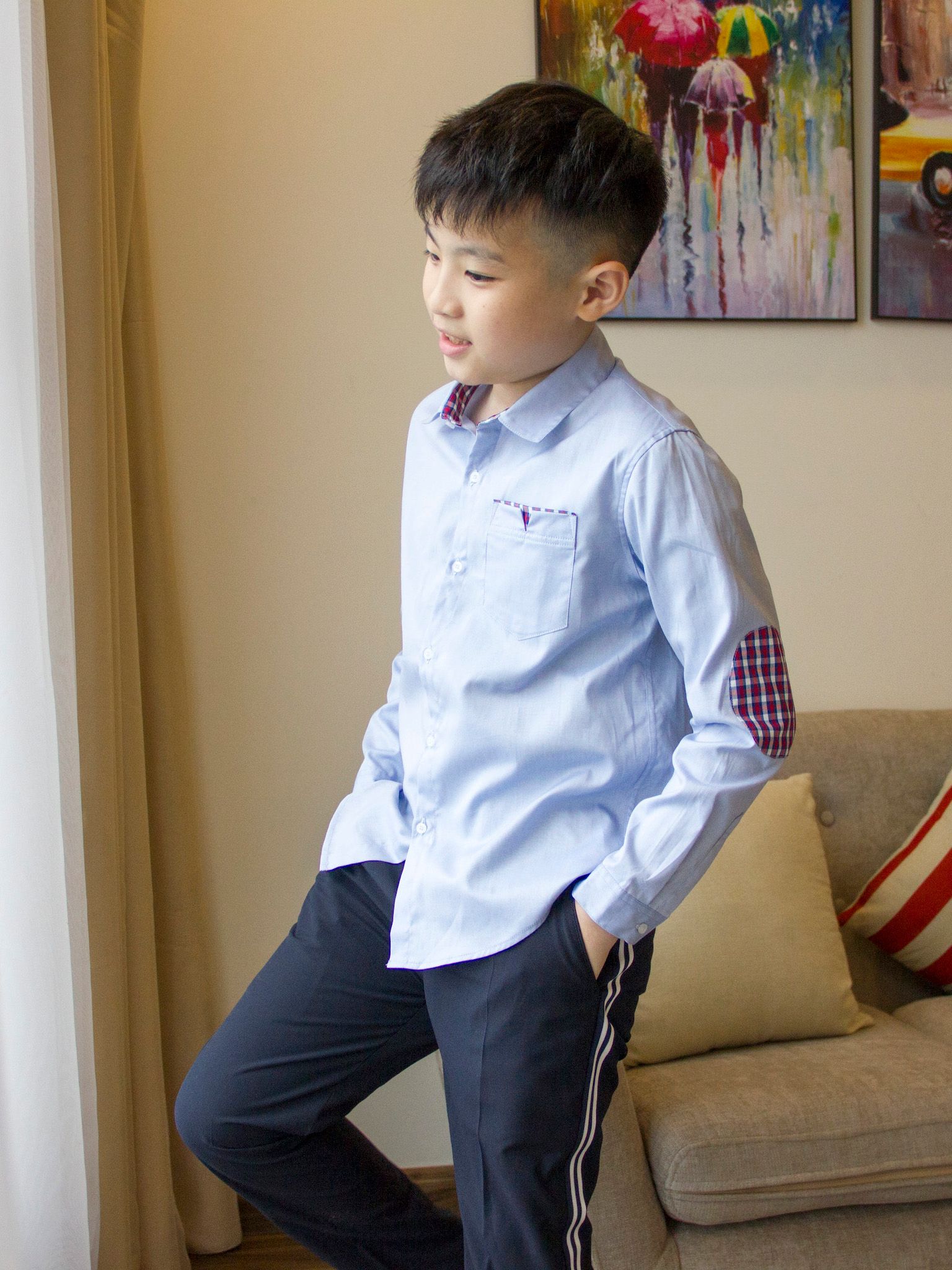 Áo sơ mi bé trai xanh khửu tay phối caro - Blue Seven