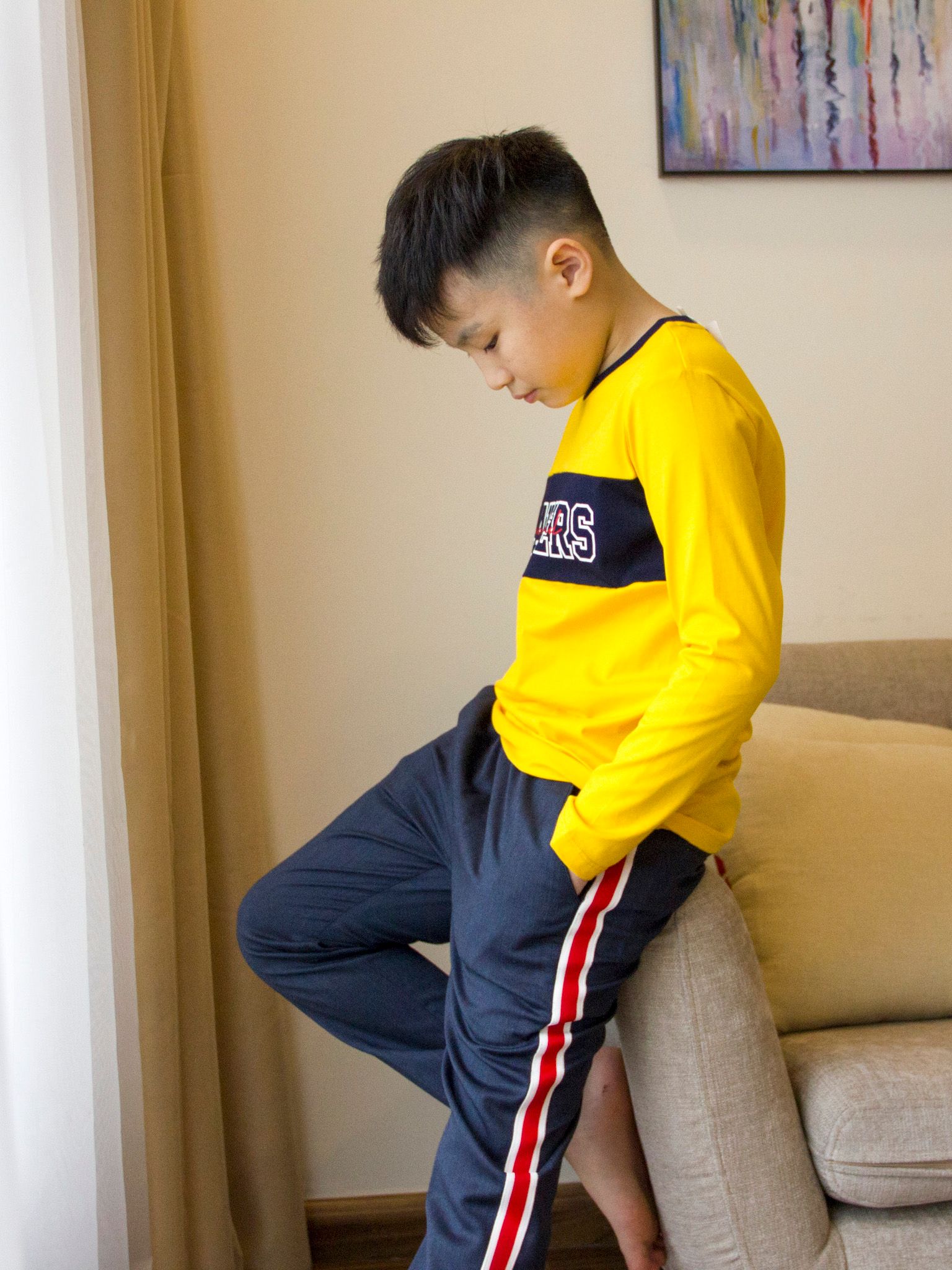 Quần vải navy phối dây dệt trắng đỏ - Blue Seven
