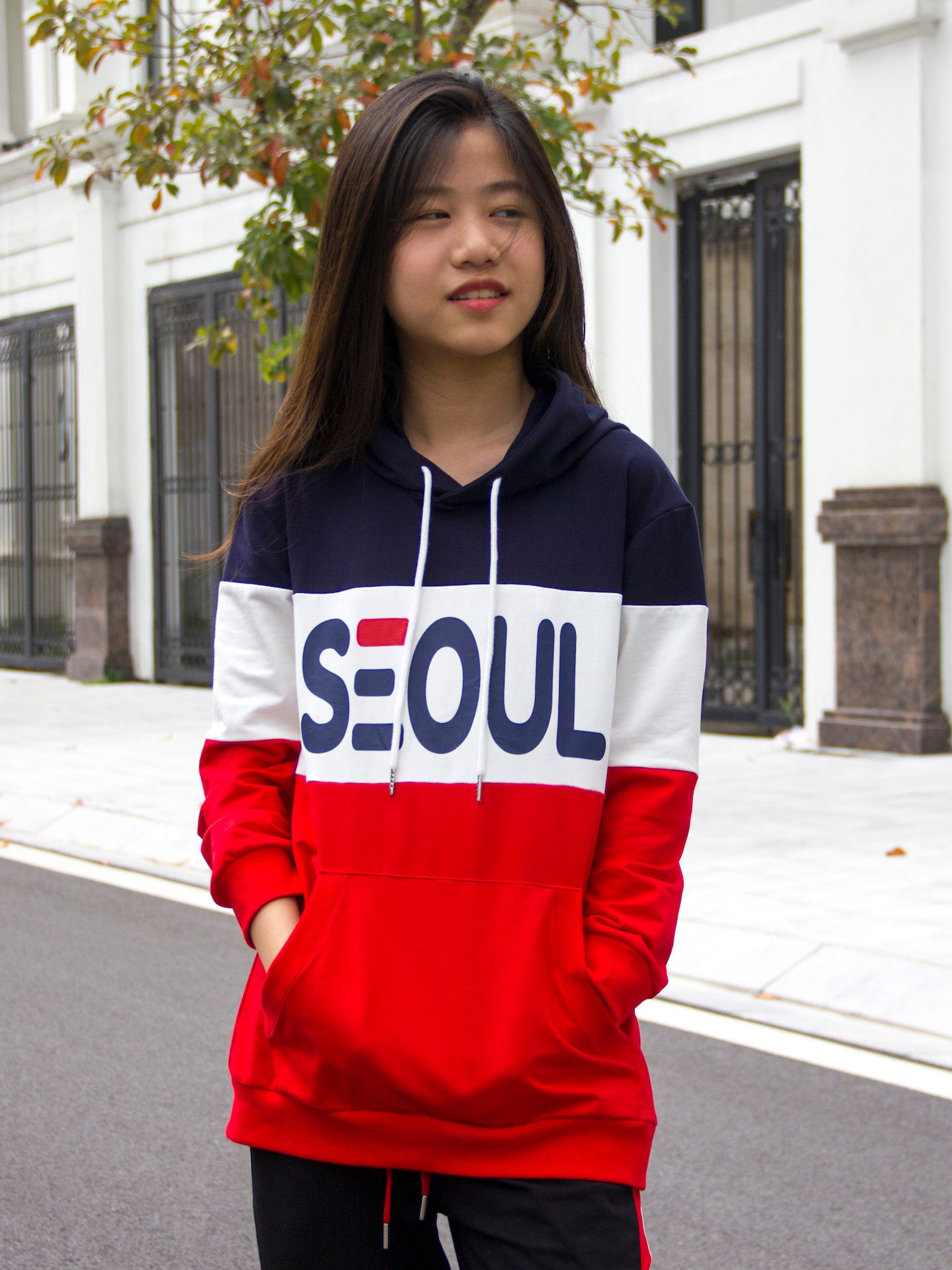 Áo hoodie mũ bé gái in chữ SEOUL - Blue Seven