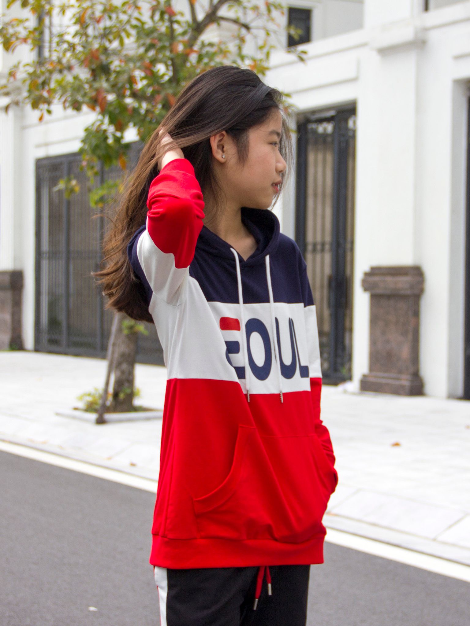Áo hoodie mũ bé gái in chữ SEOUL - Blue Seven