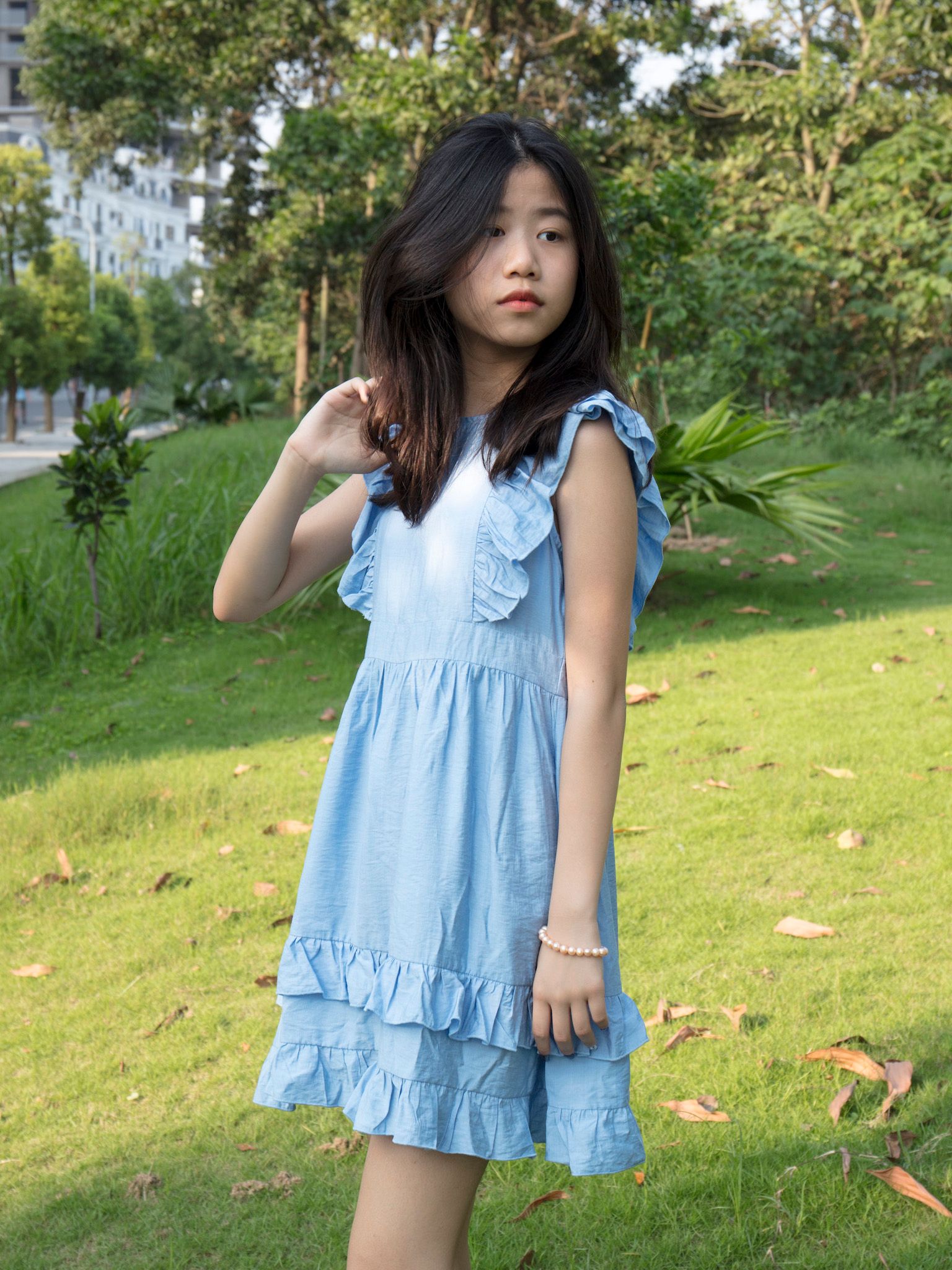 Váy bé gái xanh lam bèo vai - Blue Seven