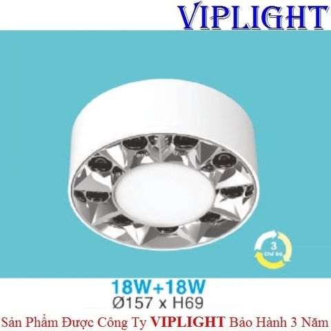  ĐÈN LON GẮN NỔI THIẾT KẾ 2 VIỀN LED 18W+18W BA CHẾ ĐỘ MÀU BẠC 