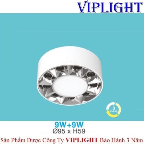  ĐÈN LON GẮN NỔI THIẾT KẾ 2 VIỀN LED 9W+9W BA MÀU XI BẠC 