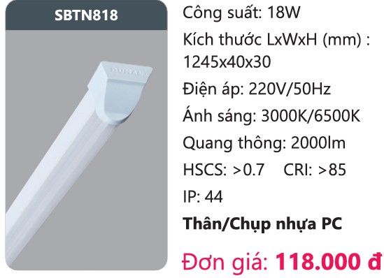 ĐÈN LED TUÝP 1M2 KIỂU BATTEN DUHAL SBTN818 ( 1200mm , 18W )