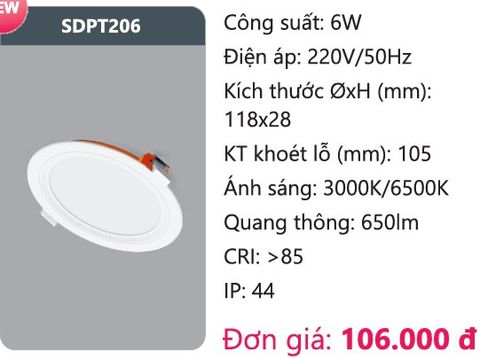  ĐÈN LED PANEL ÂM TRẦN DUHAL SDPT206 / 6W 