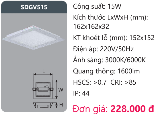 ĐÈN LED ÂM TRẦN DUHAL 15W SDGV515