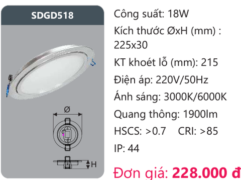  ĐÈN LED ÂM TRẦN 18W DUHAL SDGD518 / DGD518 