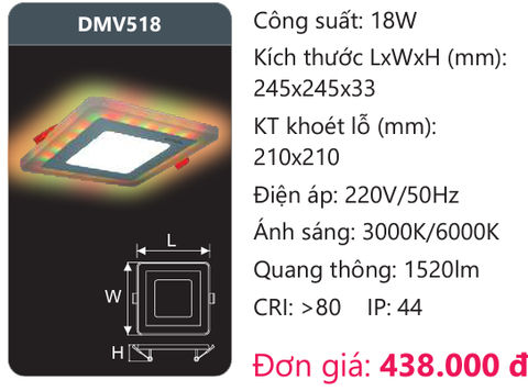  ĐÈN LED ÂM TRẦN 18W ĐỔI MÀU DUHAL DMV518 