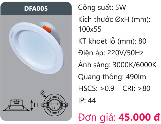 ĐÈN LED DOWLIGHT ÂM TRẦN 5W DUHAL DFA005