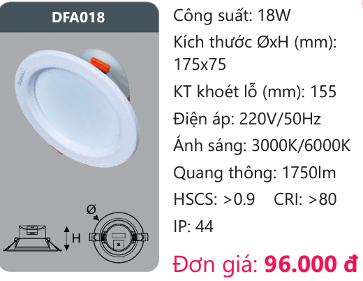 ĐÈN LED DOWLIGHT ÂM TRẦN 18W DUHAL DFA018