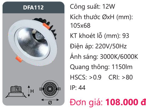  ĐÈN LED DOWLIGHT ÂM TRẦN DUHAL 12W DFA112 