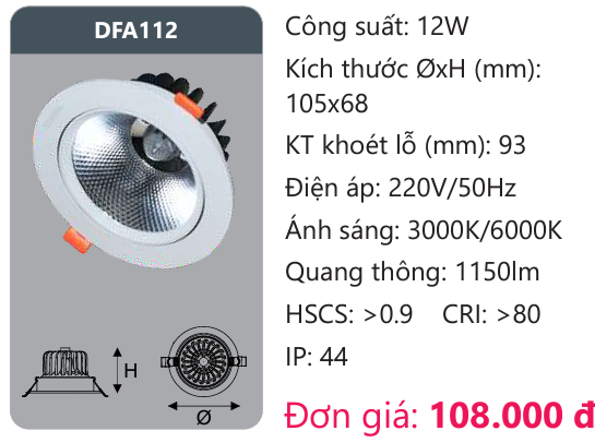 ĐÈN LED DOWLIGHT ÂM TRẦN DUHAL 12W DFA112