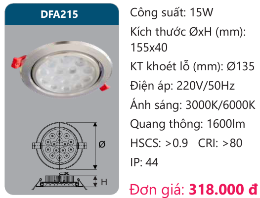 ĐÈN LED ÂM TRẦN CHIẾU ĐIỂM DUHAL 15W DFA215