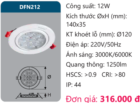  ĐÈN ÂM TRẦN LED CHIẾU ĐIỂM 12W DUHAL DFN212 