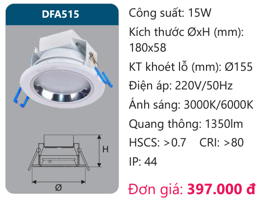 ĐÈN ÂM TRẦN LED TÁN QUANG DUHAL 15W DFA515 / DF A515