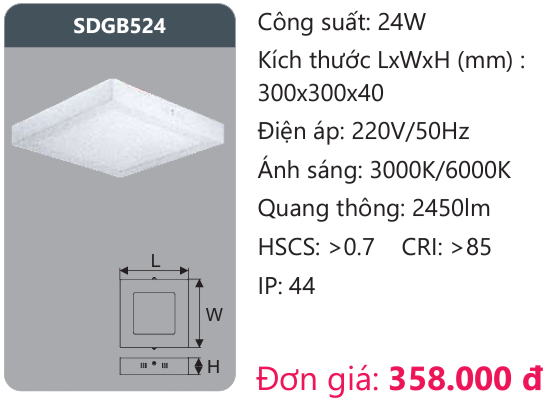 ĐÈN LED ỐP TRẦN DUHAL 24W SDGB524