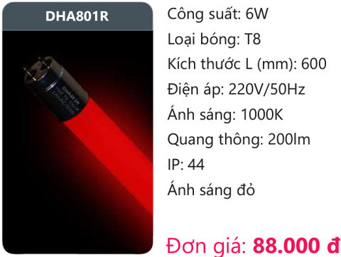  BÓNG ĐÈN TUÝP LED DUHAL MÀU ĐỎ DHA801R 