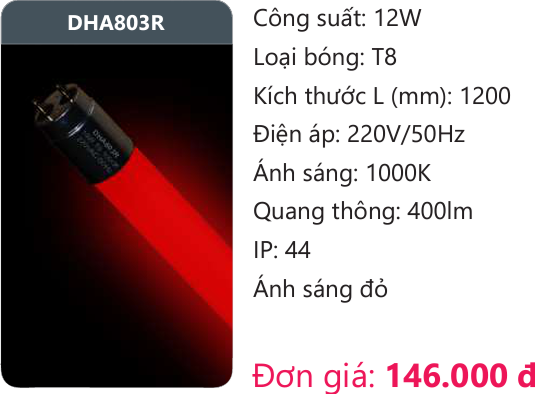 BÓNG ĐÈN TUÝP LED DUHAL MÀU ĐỎ DHA803R