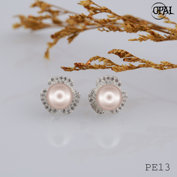  PE13- Hoa tai bạc đính ngọc trai OPAL 